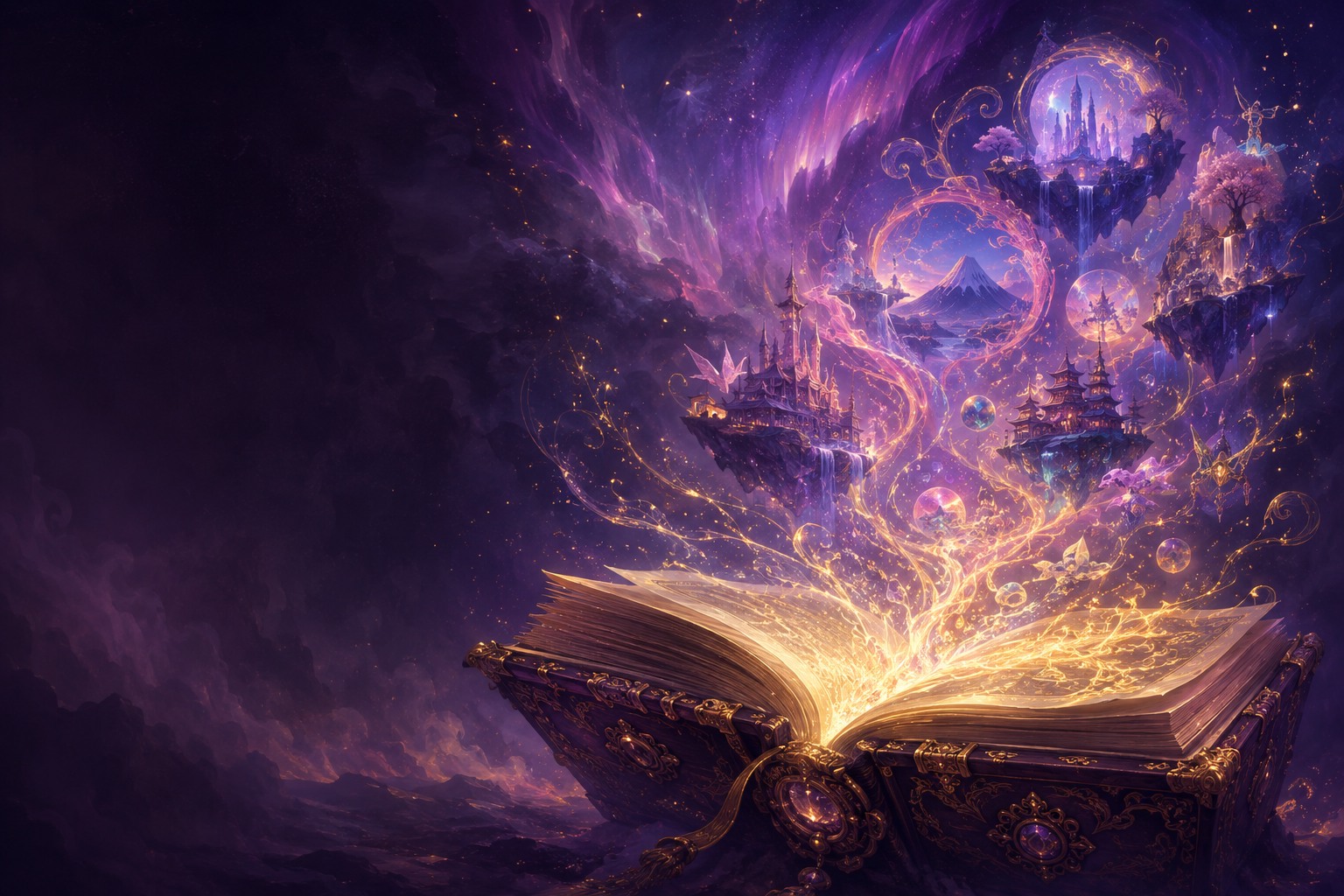 光を放つ魔導書から、幻想的な物語の世界が広がっていく